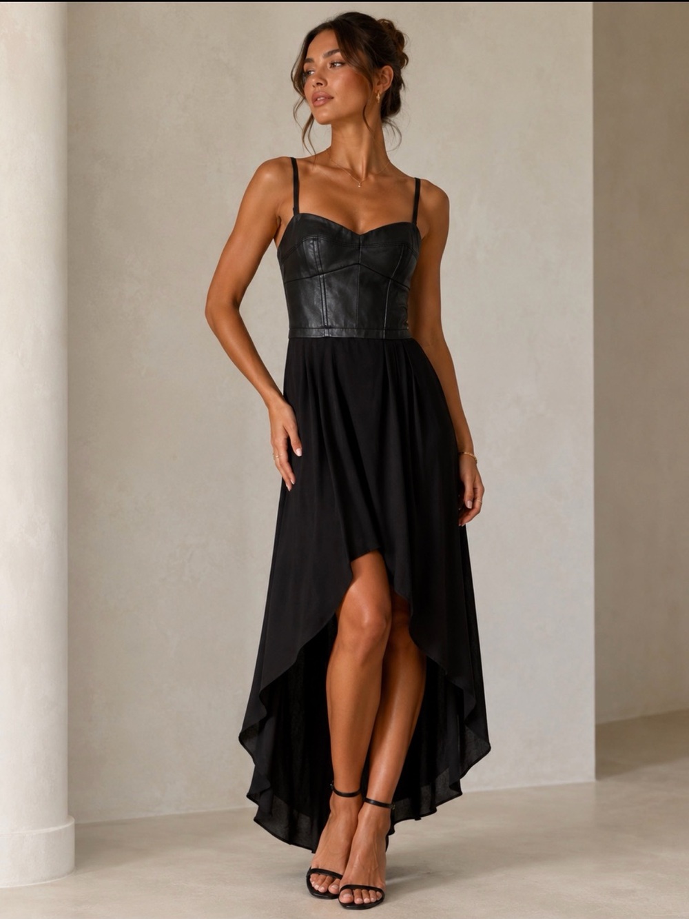 BCBG Black High-Low Dress with Faux Leather Bodice